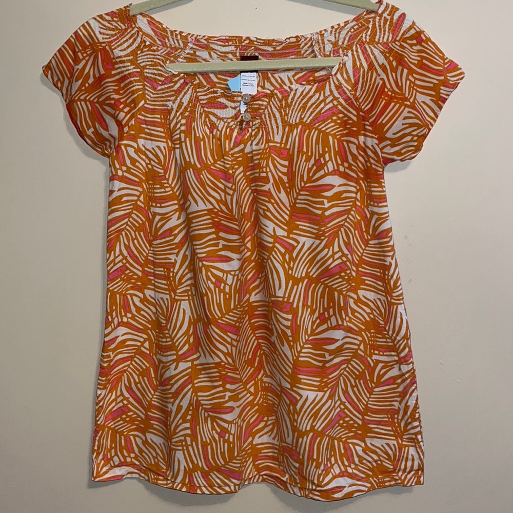 “Tea” women’s, cap sleeve palm leaf blouse